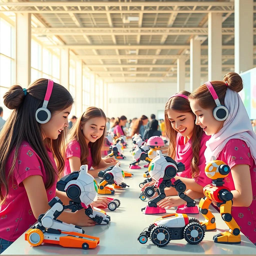 A bright sunny spring day in Kuwait, with high school girls gathered in an exhibit hall, excitement in the air as they work on colorful robots, detailed, vibrant colors, cheerful atmosphere, high quality