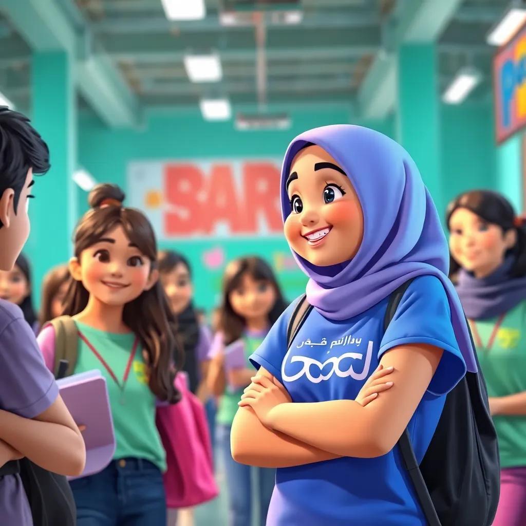 Students from the two teams, SARA from "الكويتيات المبدعات" wearing a bright blue t-shirt and hijab, smiling as she offers help to the other team, in a lively hall, digital art, colorful, vibrant scene, uplifting atmosphere