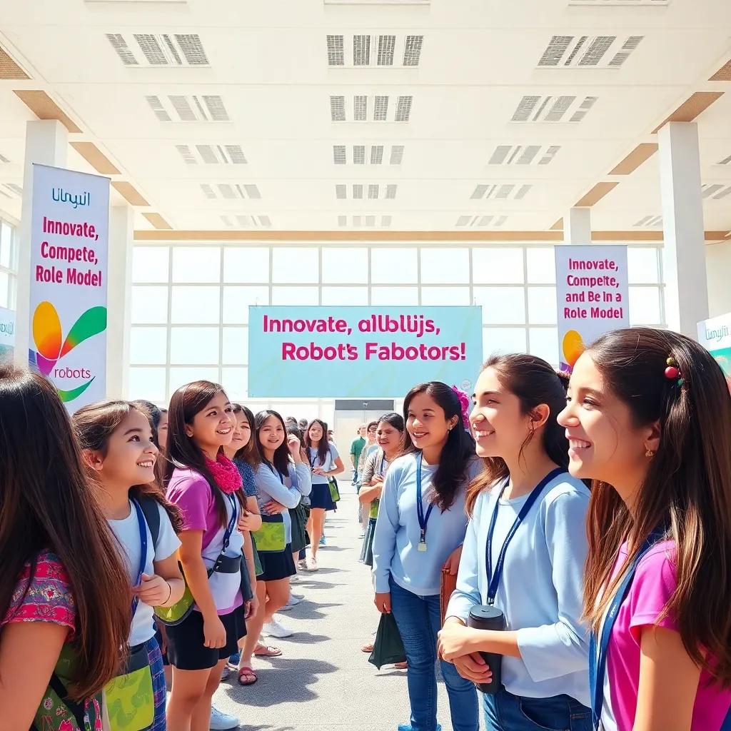 A sunny spring day in Kuwait, with high school girls gathered excitedly in an exhibition hall for a robotics competition. Banners with the slogan 'Innovate, Compete, and Be a Role Model' in the background, cheerful and vibrant atmosphere, digital art, bright colors, lively energy, high quality