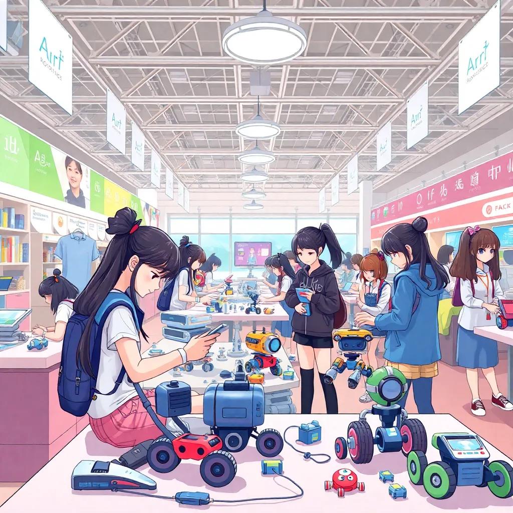A lively interior of the exhibition hall, students working on their robot designs, some debugging and testing. Diverse girls working together, showcasing different robotics parts and tools, dynamic and collaborative atmosphere, illustration, cheerful, inviting environment, high quality