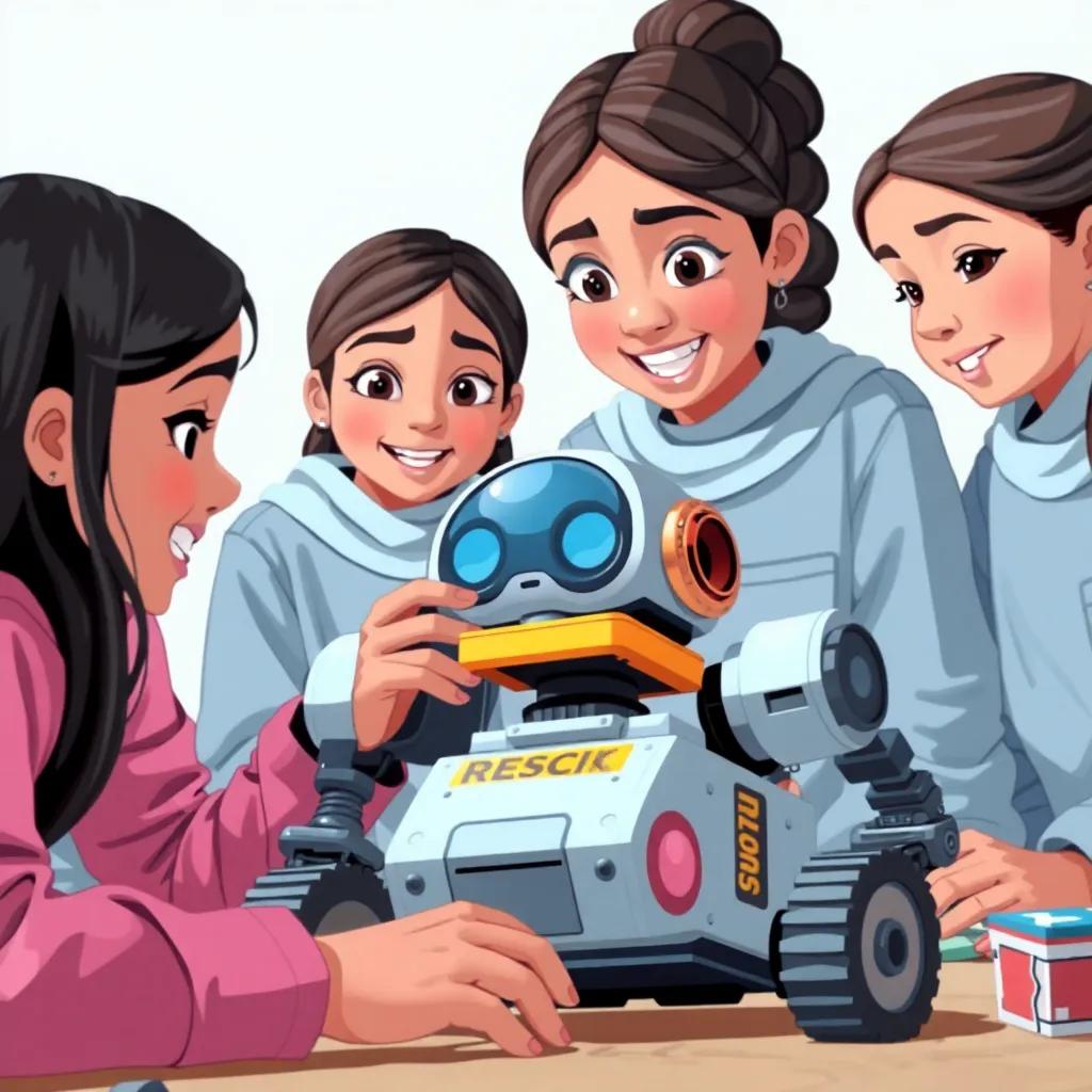 The 'Creative Kuwaiti Girls' team working passionately on their robot, which is designed for rescue missions, filled with emotion and determination on their faces. A close-up of their robot in the process, bright and bold details, child-friendly, dynamic, high quality