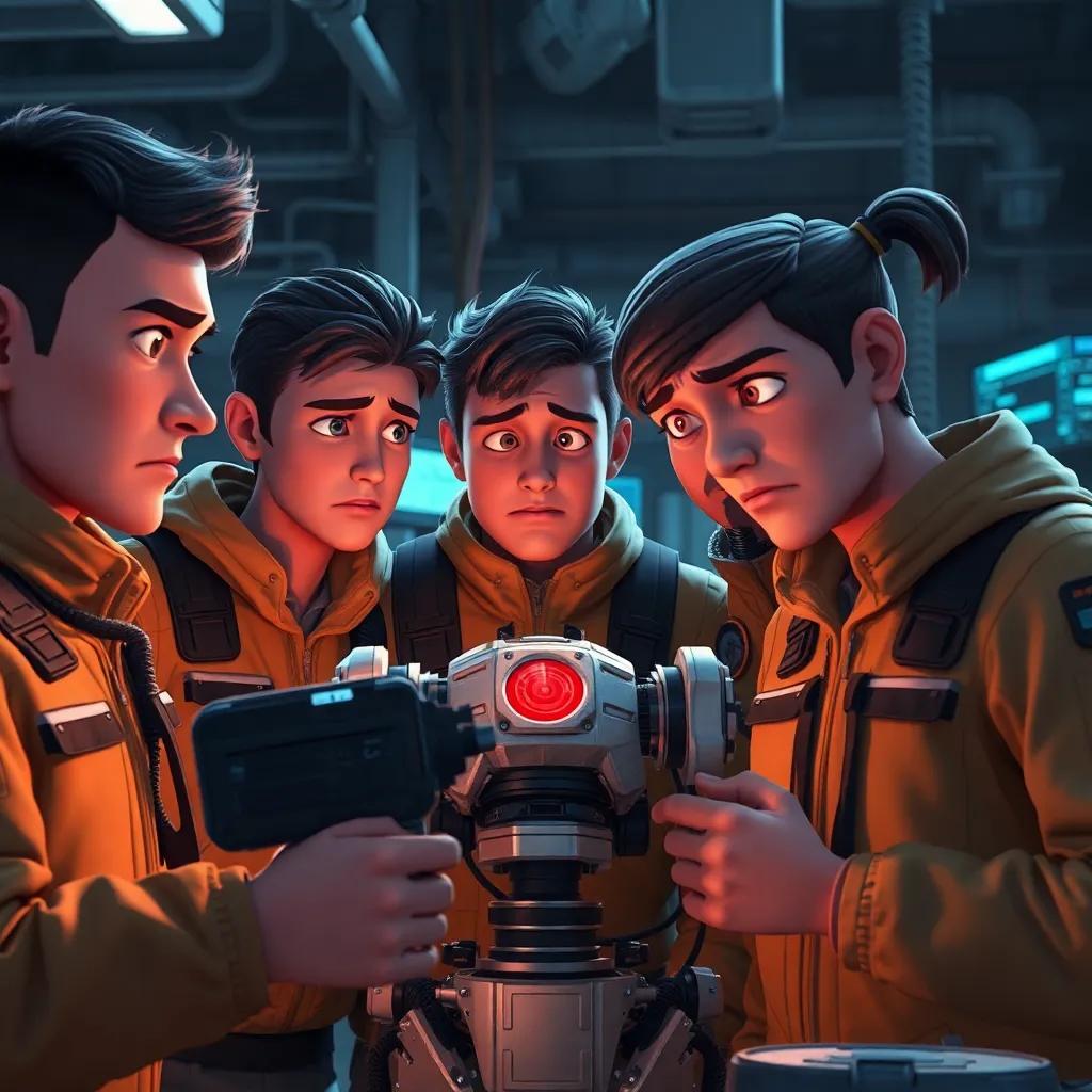 The 'Pure Intelligence' team looking stressed while troubleshooting their robot's sensor issue, mixed emotions on their faces. A scene filled with concentration and technical information, realistic, expressive, engaging atmosphere, high quality