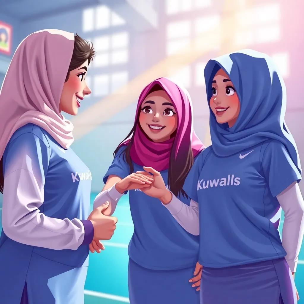 Sarah, a leader of the 'Creative Kuwaiti Girls' team, extending a helping hand to the 'Pure Intelligence' team, offering support and encouragement with a warm smile. An atmosphere of collaboration and sportsmanship, digital painting, vibrant, inspiring, high quality