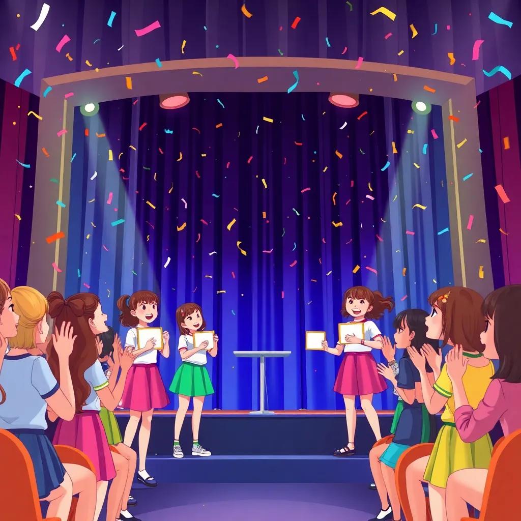 The stage announcement ceremony, with teams receiving their awards amidst applause. Celebratory confetti falling, excited expressions of the girls, in a colorful and joyful environment, illustration, uplifting, high quality