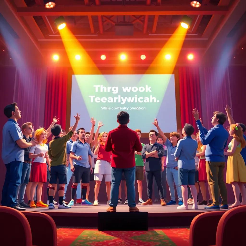 The winning team on stage, with the leader speaking passionately about teamwork and collaboration. An atmosphere of pride and success in a grand setting, vibrant colors, child-friendly, lively, high quality