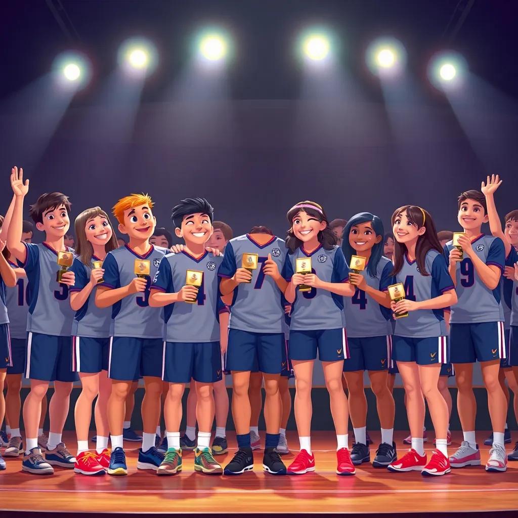Both teams on stage together, celebrating their achievements with a spirit of sportsmanship. Smiling faces, holding their awards, surrounded by cheering friends, heartwarming moment, digital art, joyful, warm colors, high quality