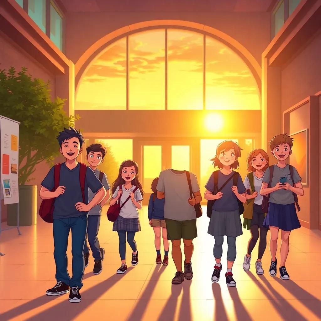 The students leaving the hall with bright smiles and pride in their hearts. A sunset outside the exhibition hall, reflecting their joy and accomplishment, warm and inviting atmosphere, illustration, realistic, high quality
