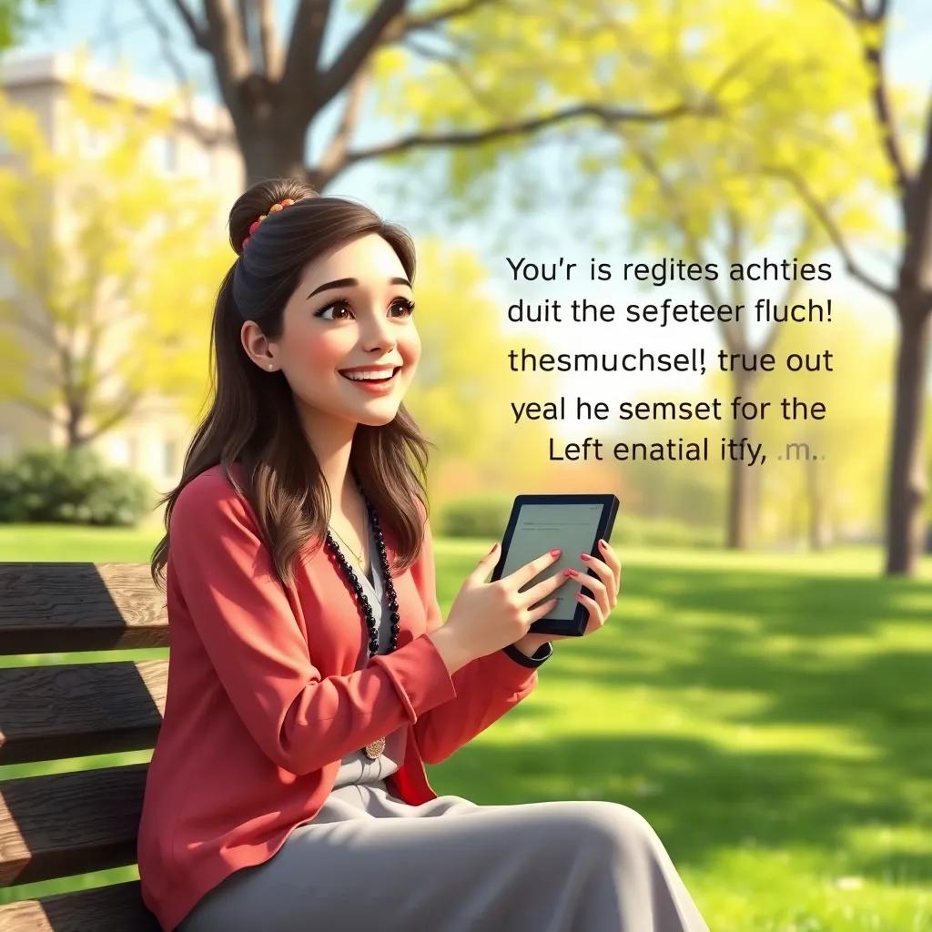 Sarah summarizing their true achievement with a smile, emphasizing the importance of ethics in technology. Sitting on a bench in the sunny park outside, holding her award, inspirational and motivational, digital painting, bright colors, uplifting, high quality