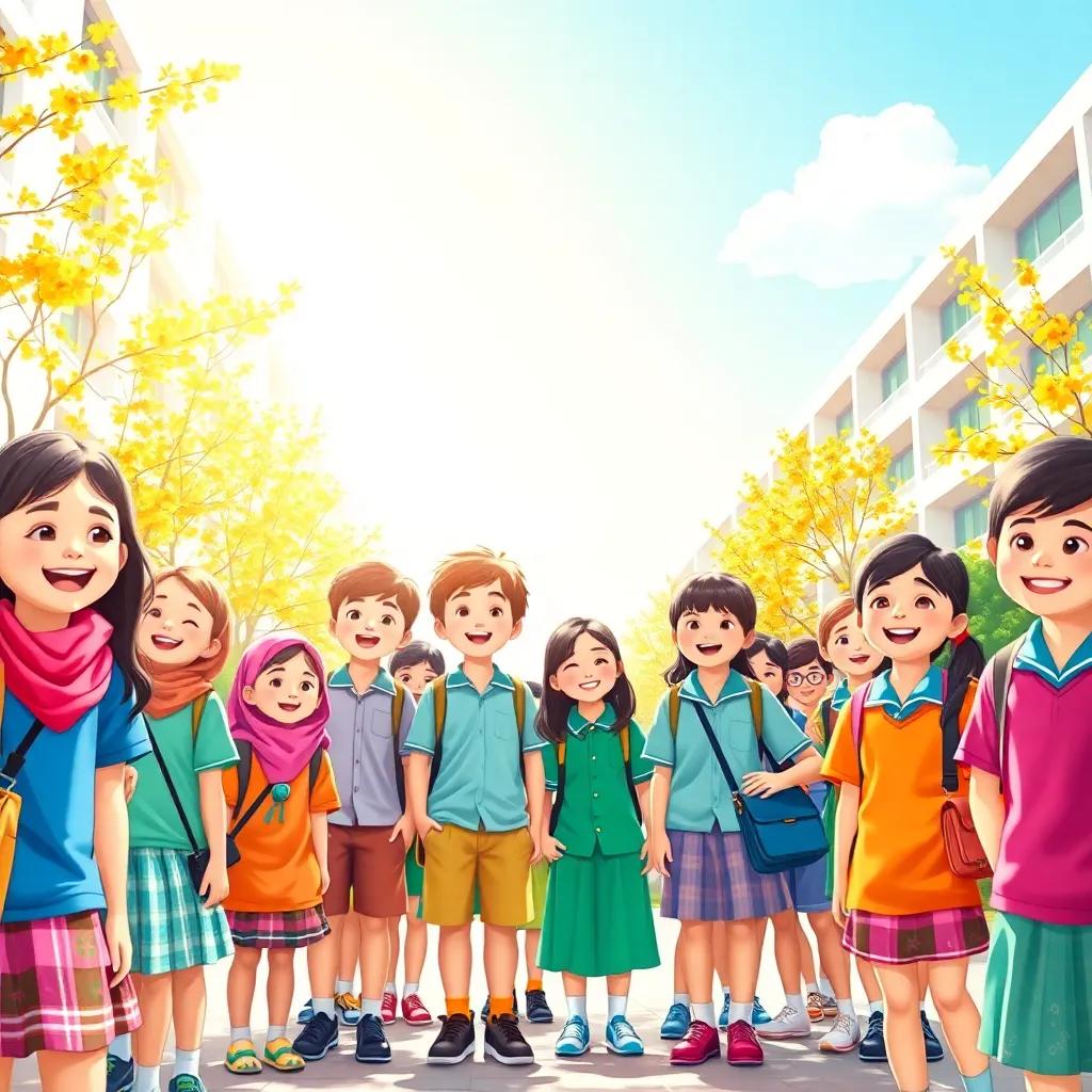 A bright sunny day in Kuwait's spring, with students in colorful school uniforms gathering excitedly, smiling faces, modern architecture in the background, digital art, cheerful atmosphere, vibrant colors, high quality