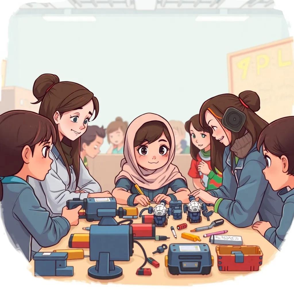 A group of girls in a robotics competition, one girl with dark hair wearing a hijab, surrounding a table filled with tools and robot parts, intense focus on their projects, illustration, lively, detailed, high quality