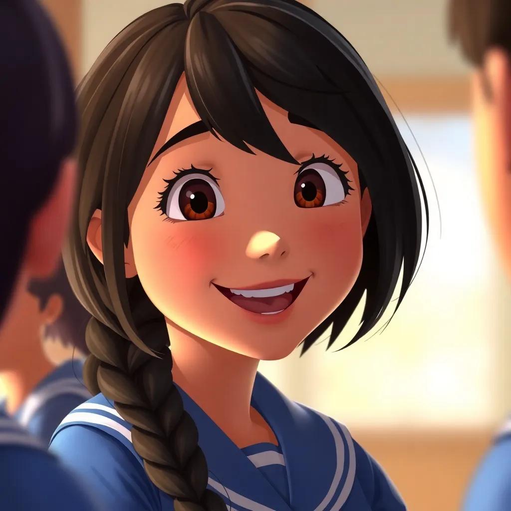A close-up of Sarah, a girl in a blue school uniform with dark hair, smiling as she talks to her teammates, soft lighting, friendly expression, digital painting, warm colors, engaging, high quality