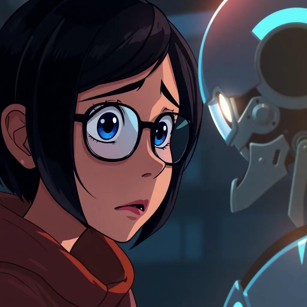 A tense scene showing a worried girl's face from the 'Pure Intelligence' team, dark hair, wearing glasses, looking at a malfunctioning robot with a worried expression, illustration, dramatic lighting, emotional, high quality