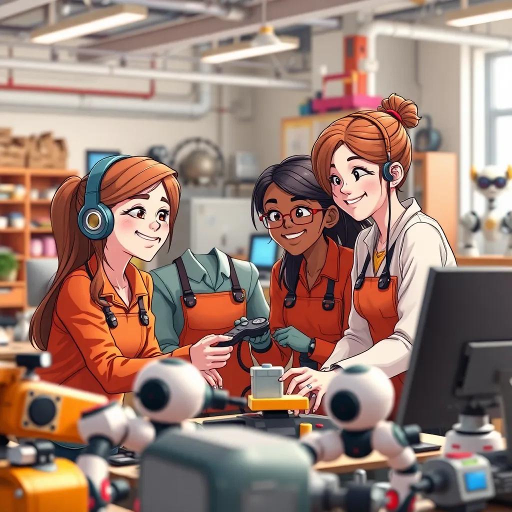 A collaborative moment where girls from different teams work together, bright smiles, exchanging ideas and showing teamwork, workshop filled with robots, digital art, positive energy, cheerful colors, high quality