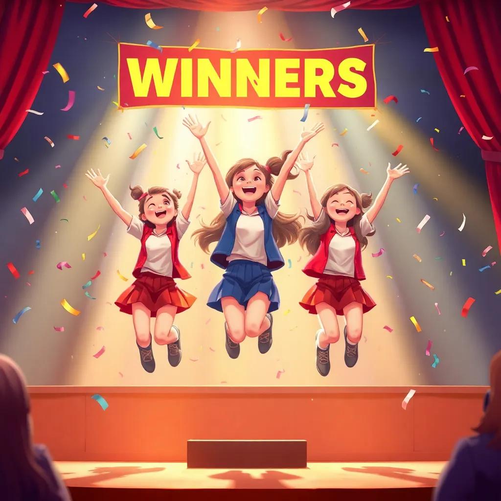 A proud moment as the winners are announced, girls jumping with joy on stage, confetti flying in the air, vibrant celebration, illustration, colorful, exciting atmosphere, high quality