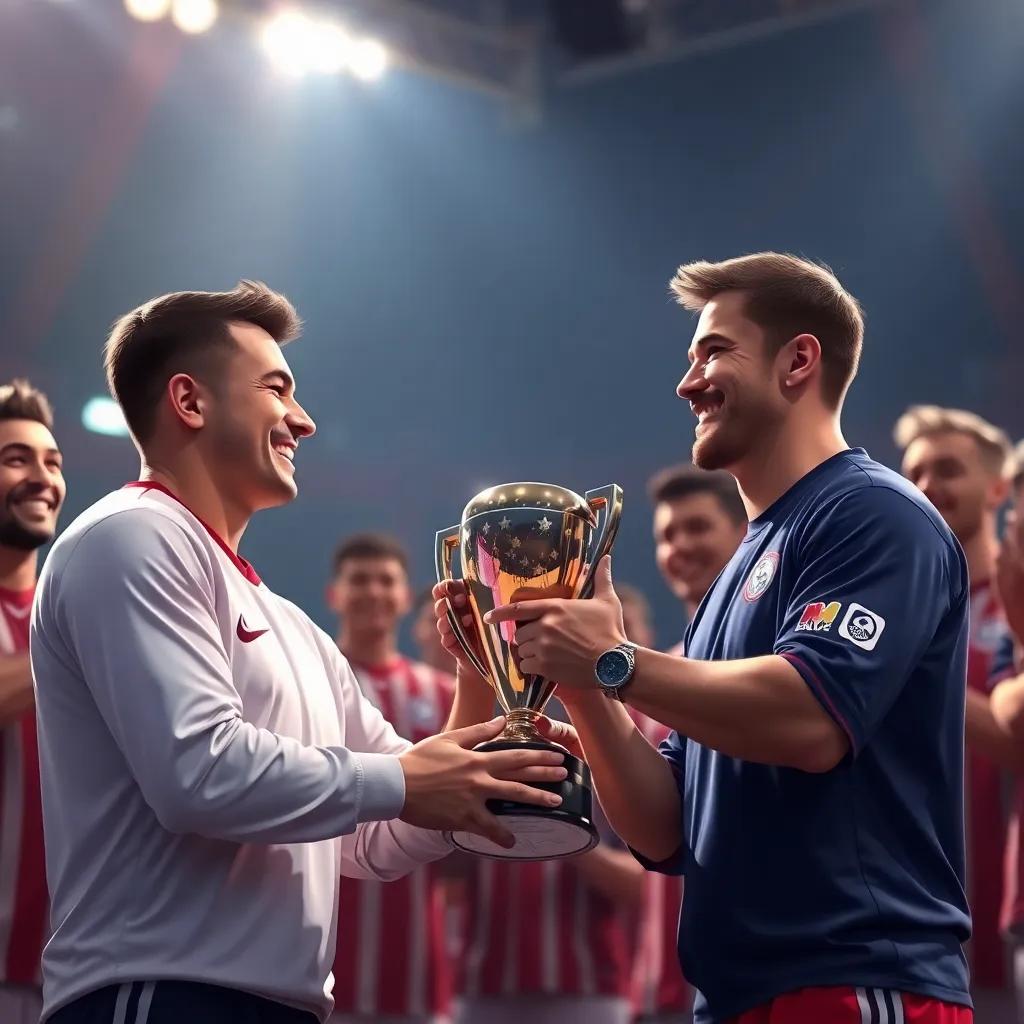 The moment of trophy presentation, both teams receiving awards together, smiling and cheering, bright lights showcasing the event, digital painting, heartwarming, joyful, high quality