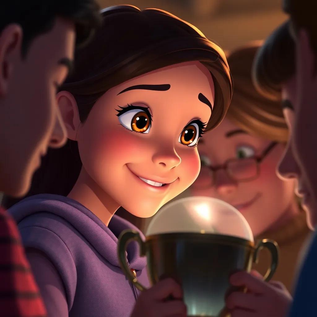 A close-up of Sarah looking at her trophy with a proud smile, surrounded by friends, soft light shining on their faces, emotional scene, digital art, intimate and heartwarming, high quality