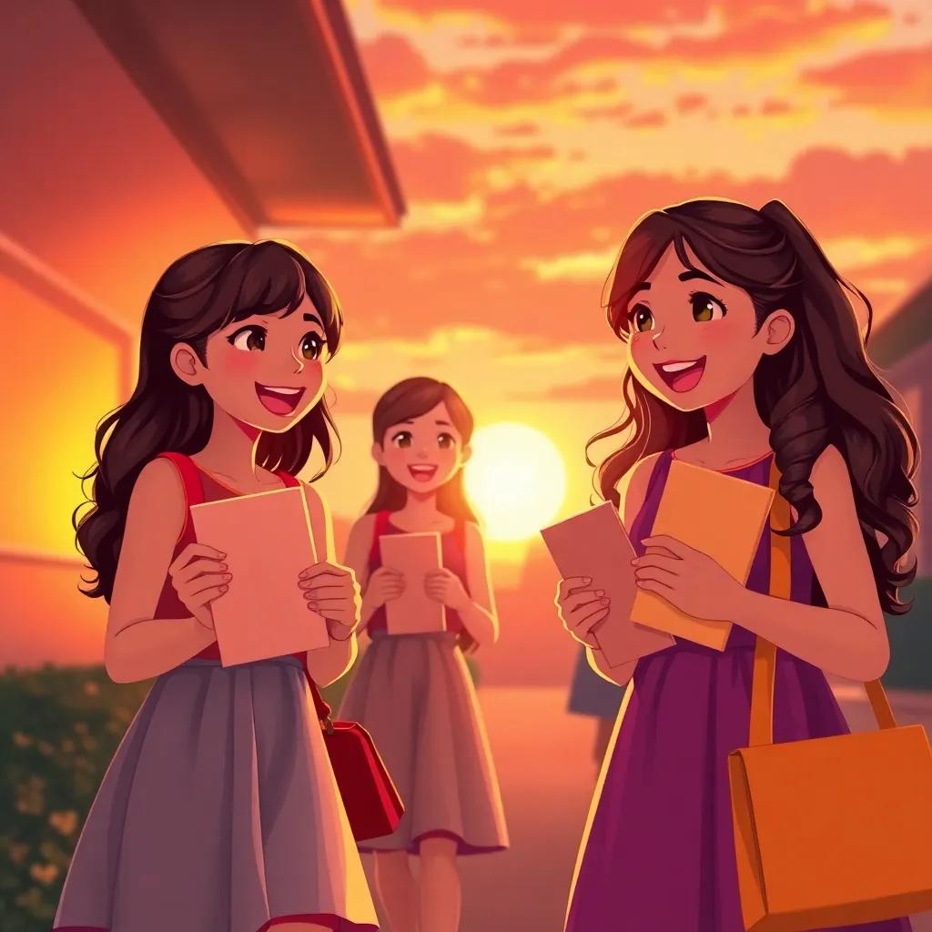 A beautiful scene of the girls leaving with wide smiles, holding their awards, sunset in the background, symbolic of achievement and joy, digital painting, uplifting, warm tones, high quality
