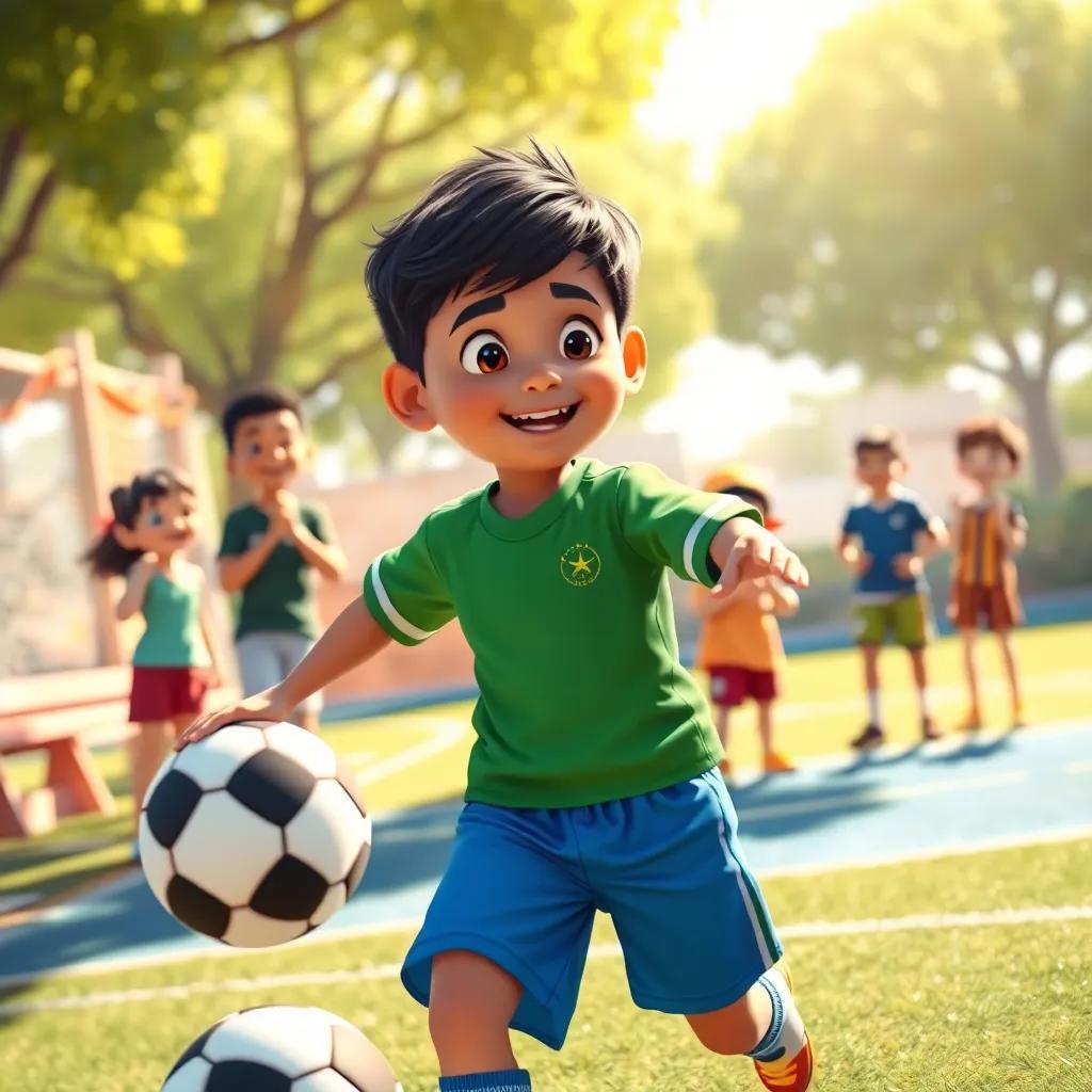 A young boy named Ali, with short black hair, wearing a green soccer jersey and blue shorts, dribbling a soccer ball on a sunny playground with friends cheering, digital art, bright colors, joyful atmosphere, high quality