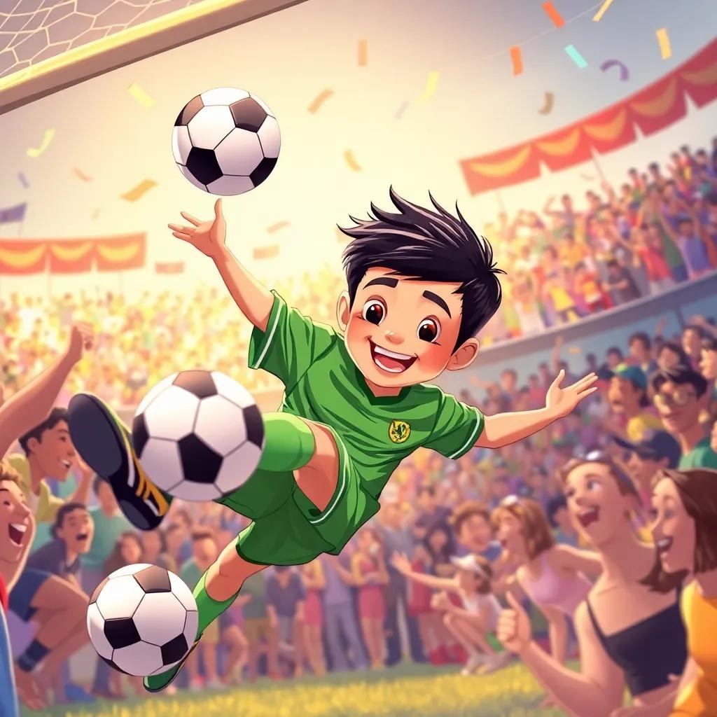 Ali, a young boy with short black hair in a green soccer jersey, kicking a soccer ball into the goal, surrounded by cheering friends and a large crowd, illustration, colorful celebration, action-packed, high quality