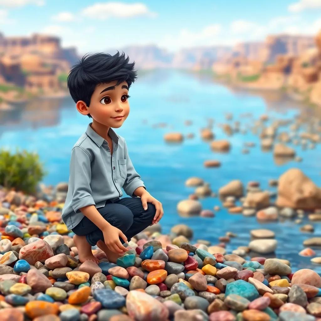 A young Arab boy, Sami, with short black hair, wearing a simple shirt and jeans, gathering colorful stones by a river, vibrant landscape, digital art, bright colors, cheerful atmosphere, high quality