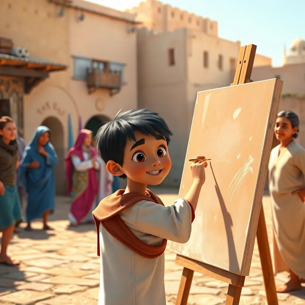 Sami, a young Arab boy with short black hair, painting a large canvas in a village square, surrounded by people admiring his art, joyful expressions, warm sunlight, vibrant colors, detailed, heartwarming scene, high quality