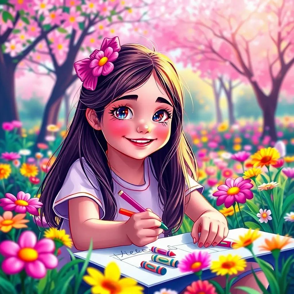 A beautiful girl, Leila, with bright eyes and a joyful smile, sitting in a colorful park filled with flowers, drawing with crayons, cheerful atmosphere, digital art, vibrant colors, innocence, high quality