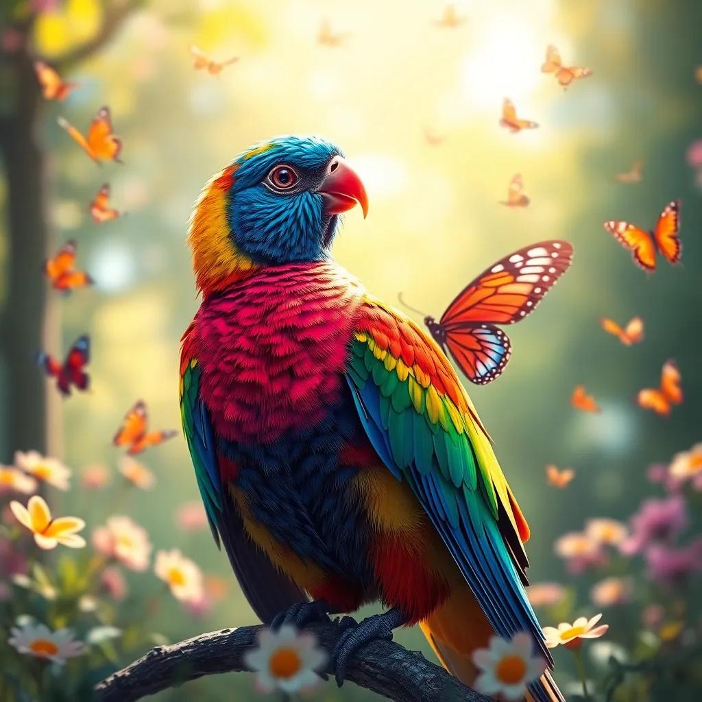 A beautiful bird, colorful and vibrant, talking to Leila in the park, surrounded by playful butterflies and soft sunlight, magical, uplifting scene, digital painting, bright, high quality