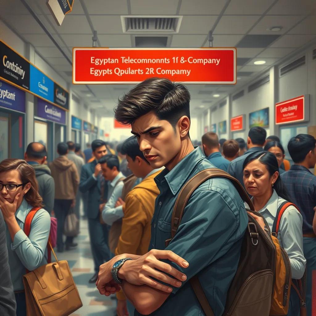 A frustrated young man standing in a long queue at the Egyptian Telecommunications Company, looking at his watch and sighing, digital art, realistic, vibrant colors, busy office environment, high quality