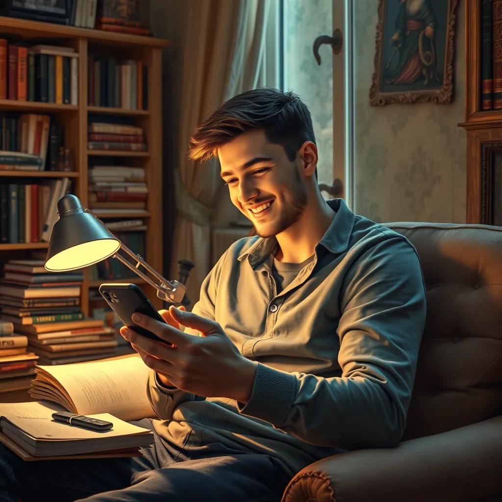 A young man using artificial intelligence tools on his smartphone, sitting comfortably at home with a smile on his face, surrounded by books and gadgets, cozy atmosphere, warm colors, warm light, high quality