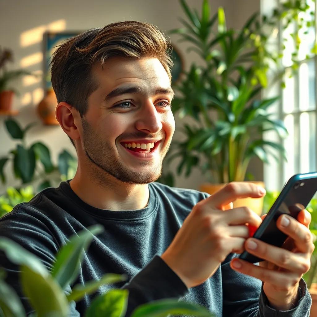 A satisfied young man receiving quick responses from AI tools on his phone, looking amazed and happy, with a bright room filled with plants and sunlight, cheerful atmosphere, bright colors, high quality
