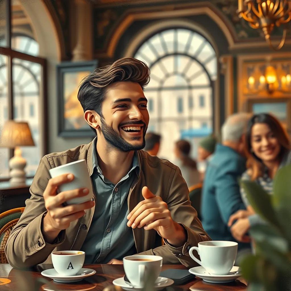 A young man happily explaining his positive experience with AI tools to a friend in a cafe, with coffee cups and laughter, friendly ambiance, warm colors, high quality