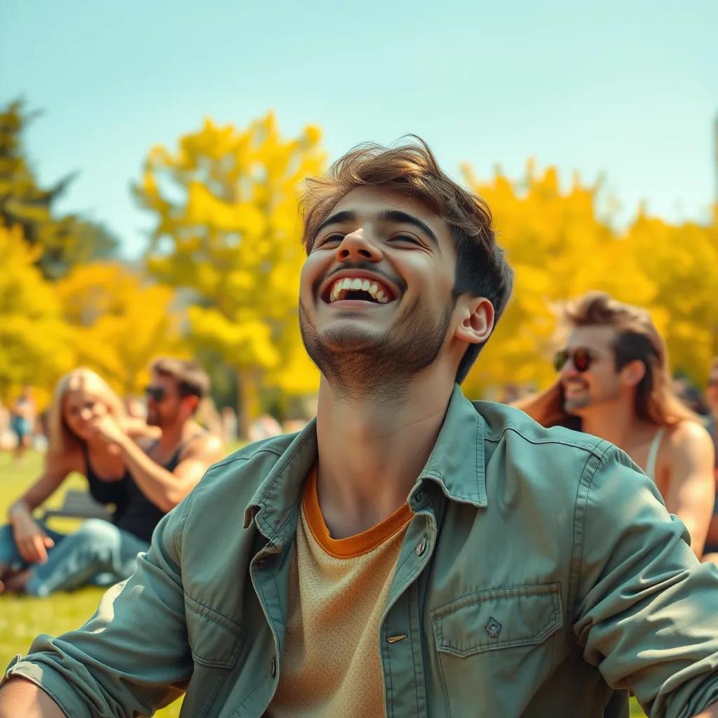 A joyful young man enjoying his newfound freedom from long waits, relaxing with friends outdoors, with a sunny park background, vibrant colors, uplifting atmosphere, high quality