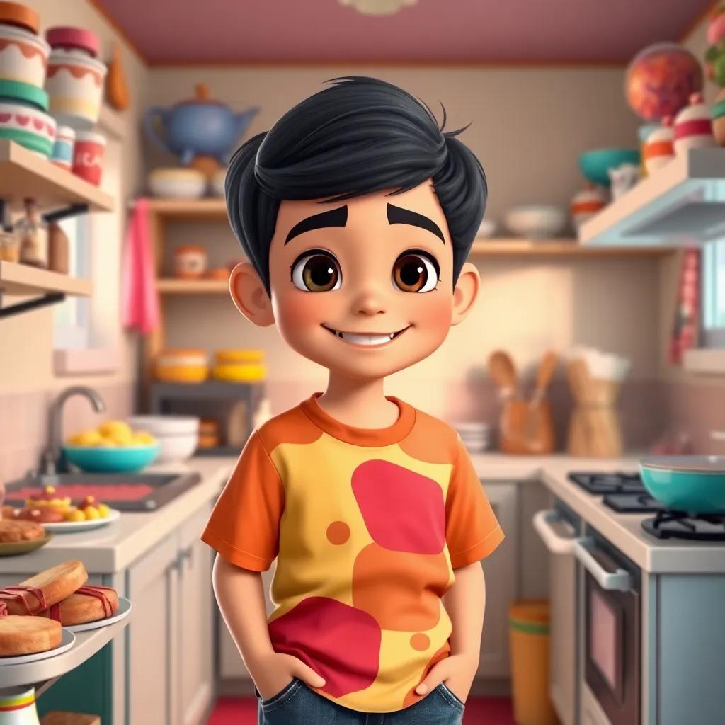 Sami, a young Arab boy about 12 years old, with short black hair, wearing a colorful t-shirt and jeans, smiling confidently while standing in a small kitchen filled with sweets, digital art, bright colors, cheerful atmosphere, high quality