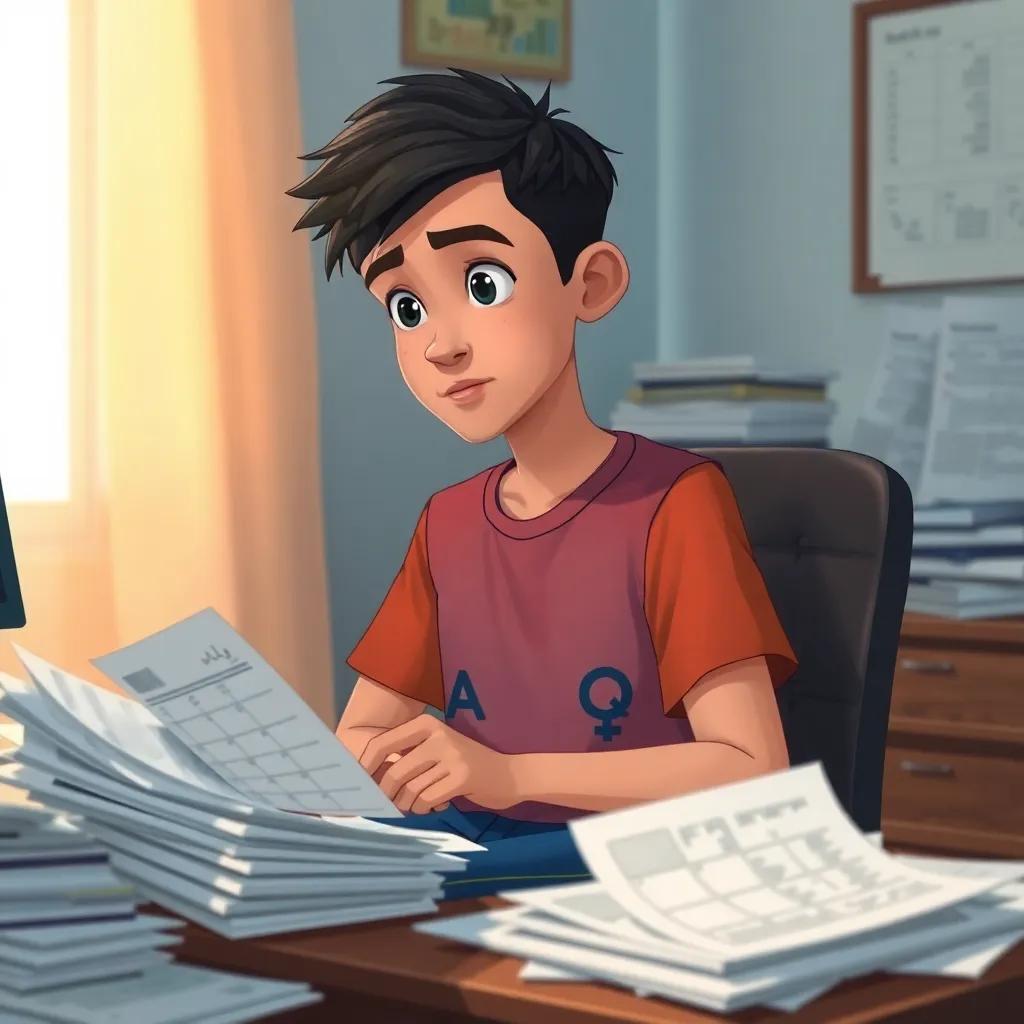 Sami, a young Arab boy, with short black hair, wearing a colorful t-shirt and jeans, looking thoughtfully at bills and equations, sitting at a desk cluttered with papers, illustration, focused mood, warm light, detailed
