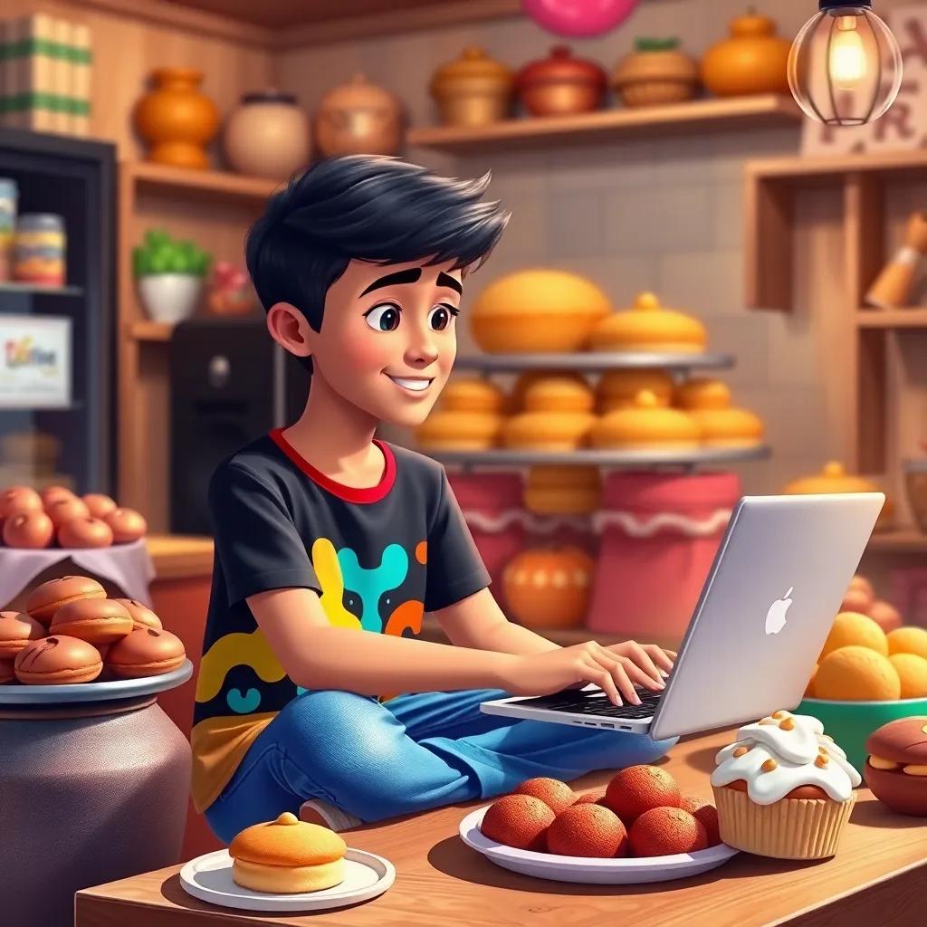 Sami, a young Arab boy, with short black hair, wearing a colorful t-shirt and jeans, engaging with customers online using a laptop, surrounded by home-made sweets, digital painting, inviting environment, bright colors, high quality