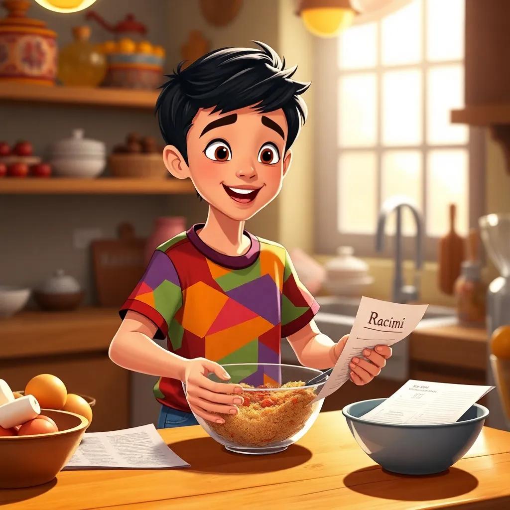 Sami, a young Arab boy, with short black hair, wearing a colorful t-shirt and jeans, excitedly mixing ingredients in a bowl, with a new recipe paper on the table, illustration, creative atmosphere, warm light, detailed