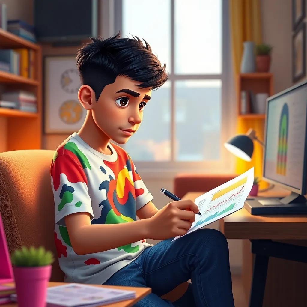 Sami, a young Arab boy, with short black hair, wearing a colorful t-shirt and jeans, analyzing data on a paper with a pen, looking determined at a small home office, digital art, serious vibe, bright colors, high quality