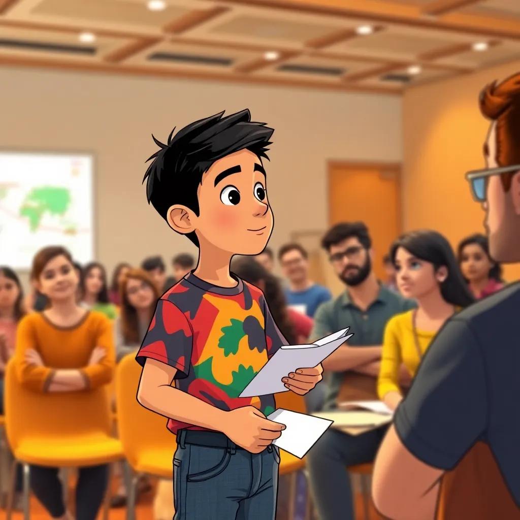Sami, a young Arab boy, with short black hair, wearing a colorful t-shirt and jeans, attending a workshop with a diverse group of people, taking notes from a speaker, illustration, engaging atmosphere, warm light, detailed