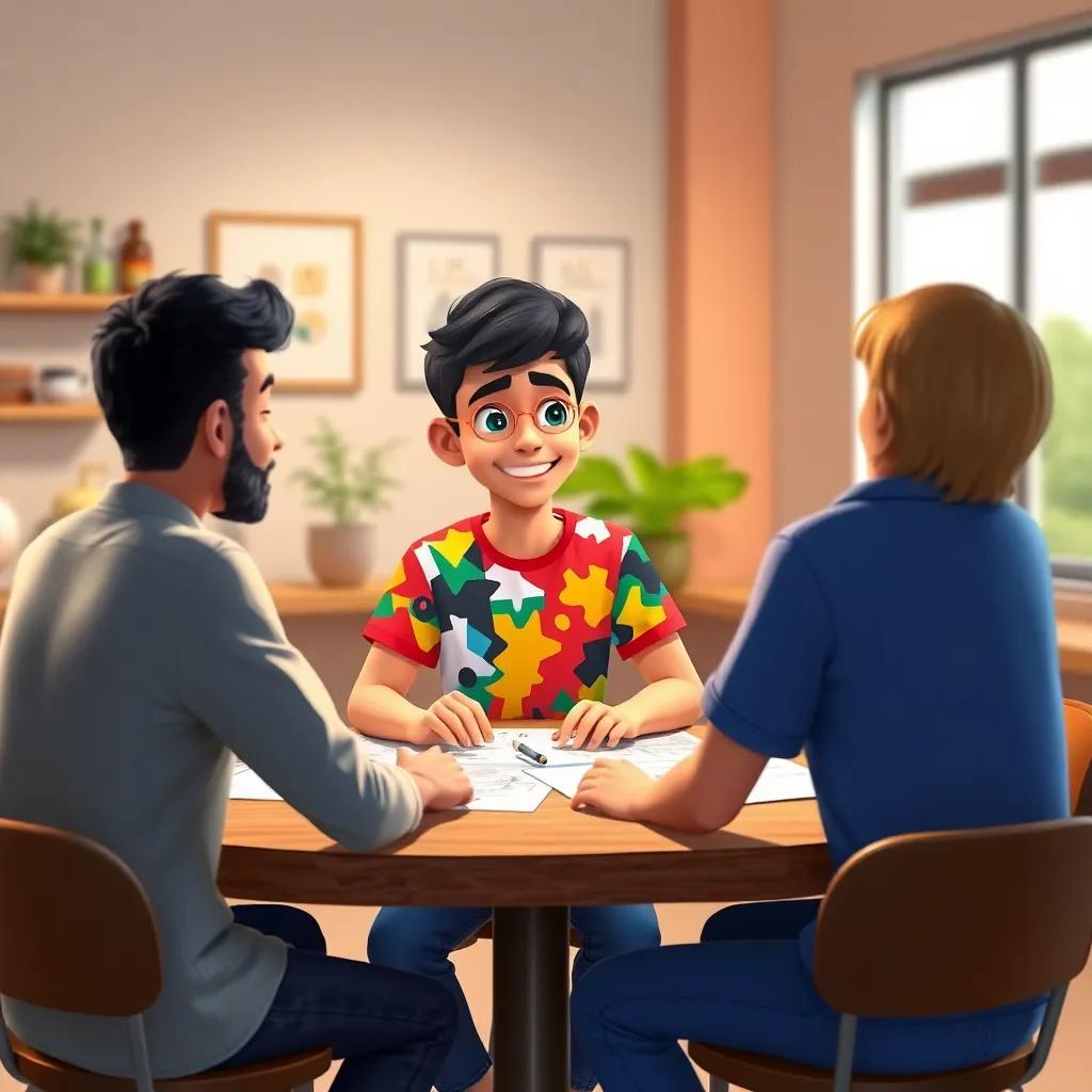 Sami, a young Arab boy, with short black hair, wearing a colorful t-shirt and jeans, planning with friends around a table, discussing business ideas enthusiastically, digital art, lively vibe, bright colors, high quality