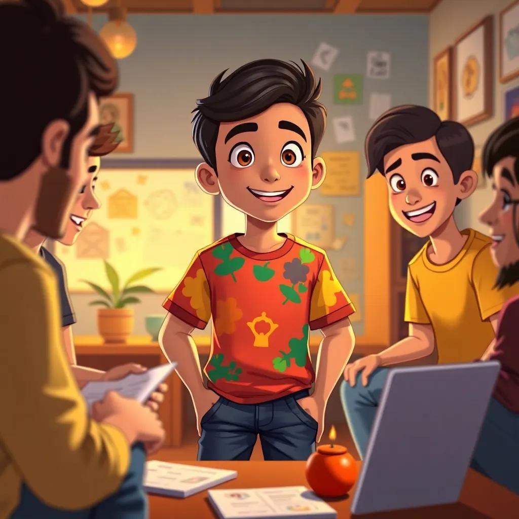 Sami, a young Arab boy, with short black hair, wearing a colorful t-shirt and jeans, leading a meeting with friends in a small office filled with ideas on paper, illustration, teamwork spirit, warm light, detailed