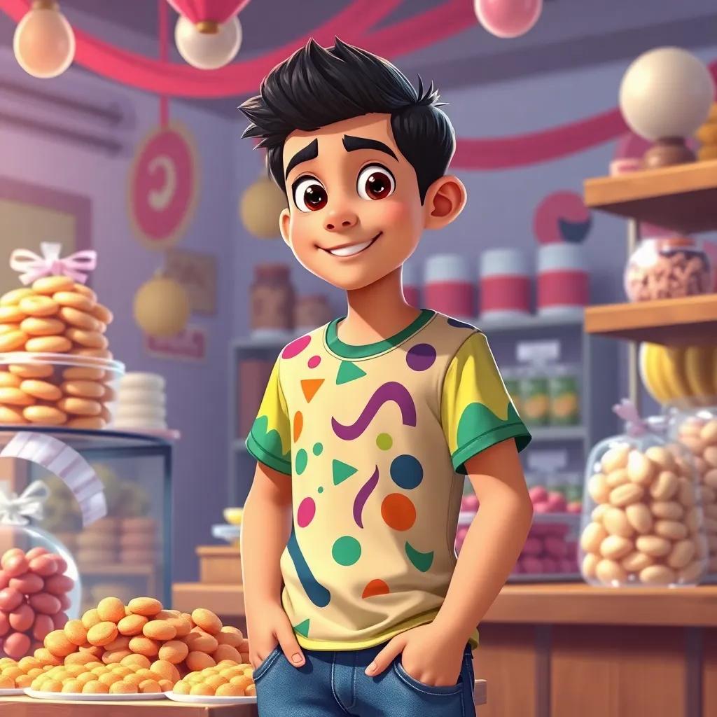 Sami, a young Arab boy, with short black hair, wearing a colorful t-shirt and jeans, looking proudly at his successful business with sweets stacked on a table behind him, digital painting, celebratory atmosphere, bright colors, high quality
