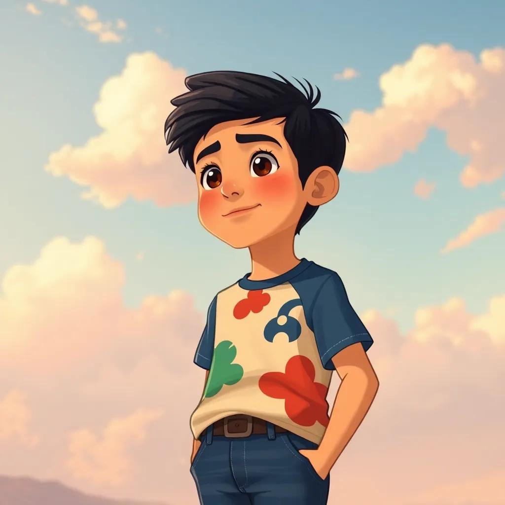 Sami, a young Arab boy, with short black hair, wearing a colorful t-shirt and jeans, pondering with a dream-like expression, clouds and future plans in the background, illustration, hopeful mood, warm light, detailed