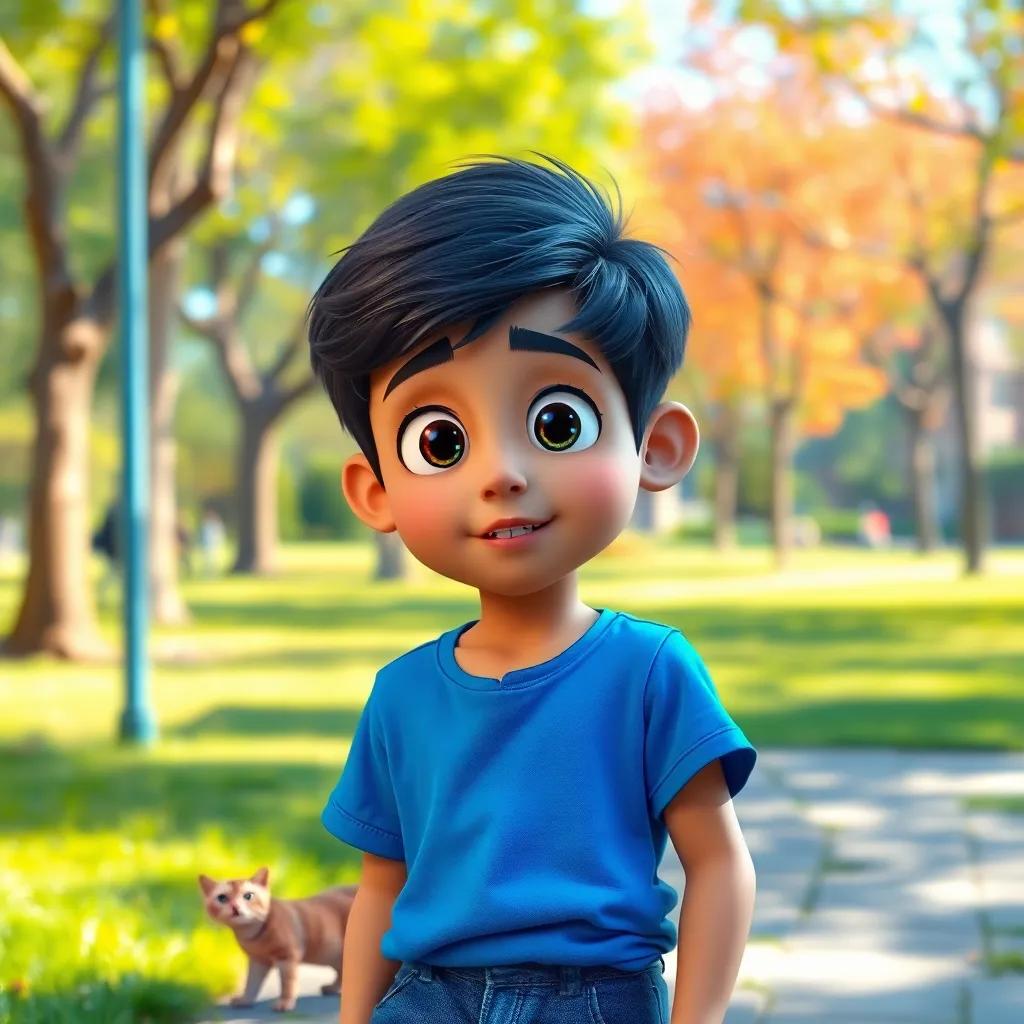 A young Arabic boy, Yasser, with short black hair wearing a blue t-shirt and jeans, looking surprised while standing in a park, a small frightened cat nearby, colorful, bright daylight, cheerful atmosphere, digital art