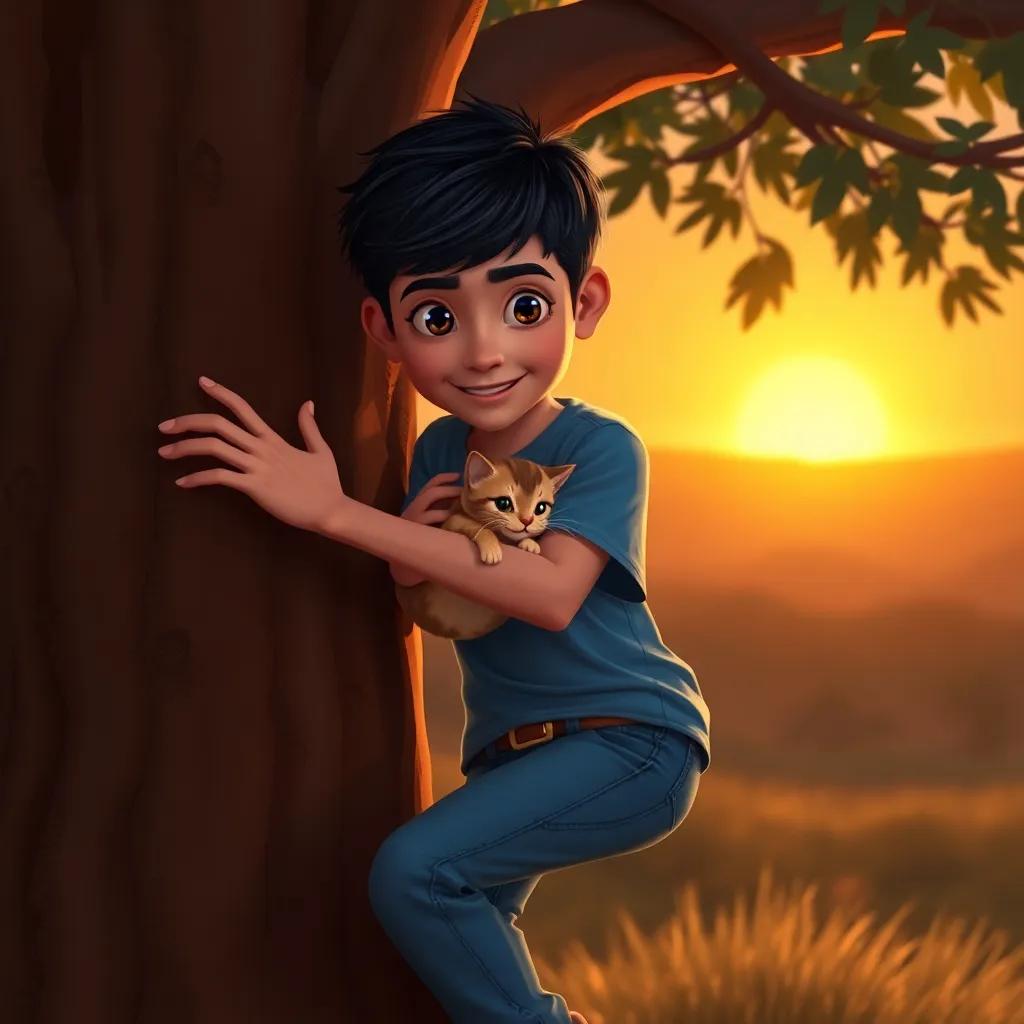 Yasser, a young Arabic boy with short black hair in a blue t-shirt and jeans, carefully climbing a tree with a small cat in his arms, warm light, glowing sunset in the background, heroic perspective, heartwarming scene, digital painting