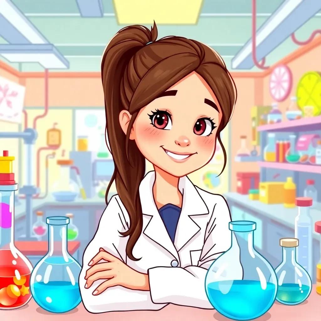A smart physics student, Sarah, with brown hair in a ponytail, wearing a white lab coat, working on an experiment in a colorful laboratory filled with scientific equipment, digital art, bright colors, joyful atmosphere, high quality