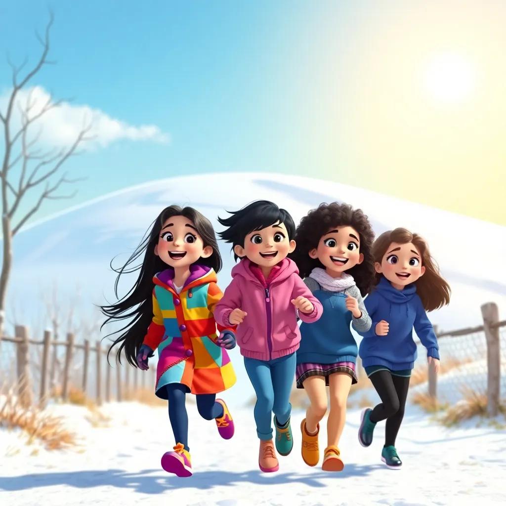 A sunny day with three girls, Noura, with long, dark hair in a colorful coat, Sara, with short black hair in a pink jacket, and Leila, with curly hair in a blue sweater, happily running towards a snowy hill, digital art, bright colors, cheerful atmosphere, high quality
