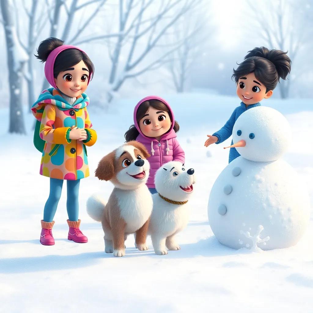 Noura, wearing a colorful coat, Sara in a pink jacket, and Leila in a blue sweater, playing in the snow with a fluffy dog, surrounded by white snowy ground, creating snowballs and a big snowman, fun and lively scene, child-friendly, high quality