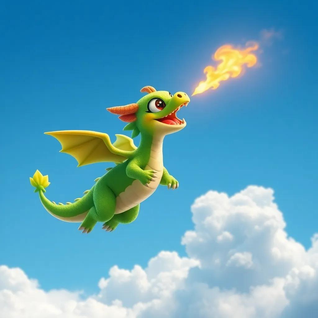 Zain, a small dragon with bright green scales, breathing out a small cloud of fire, flying high in a blue sky with fluffy white clouds, a joyful expression, digital art, playful, magical feel, high quality