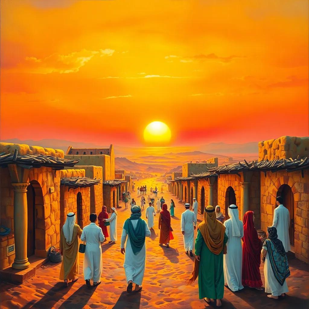 A vibrant scene of the UAE desert with traditional Emirati dwellings, in the background a sunset, people wearing traditional Emirati attire, joyful atmosphere, highly detailed, warm colors