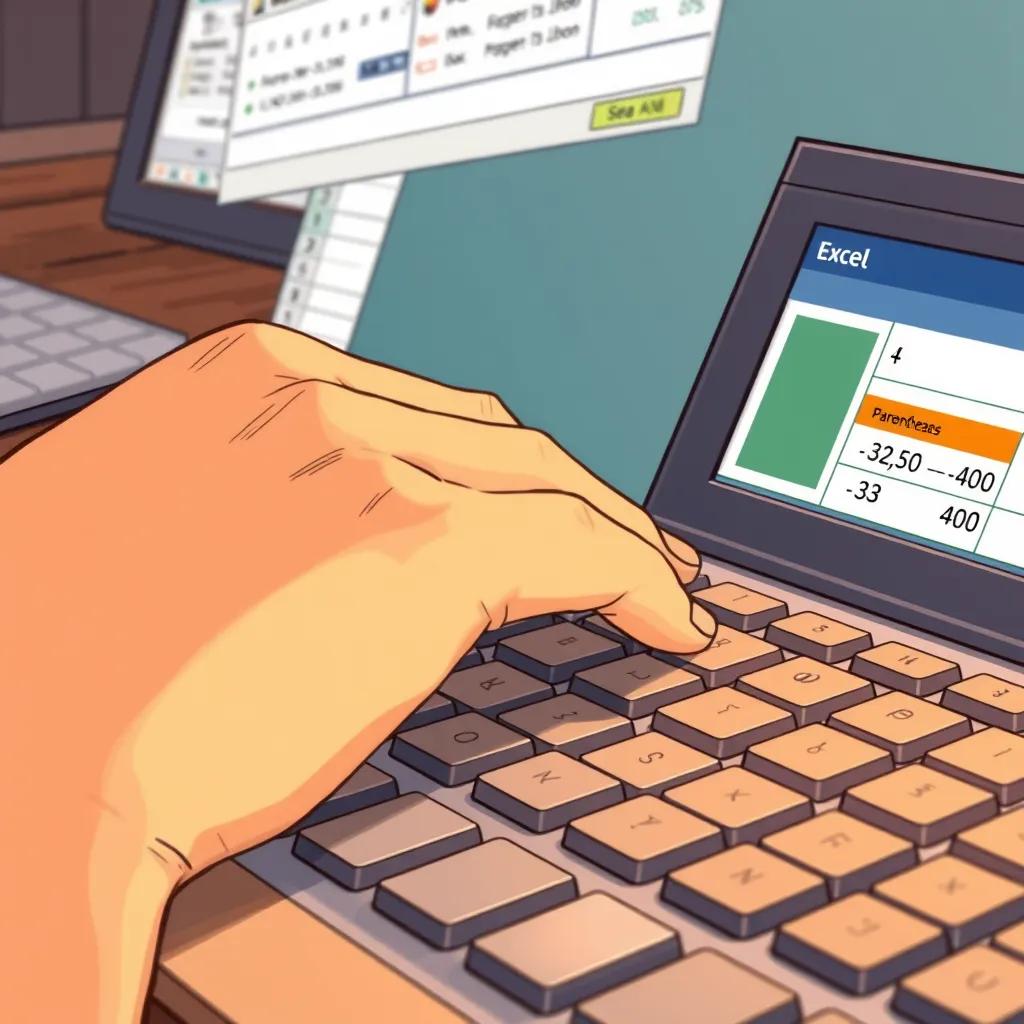 A close-up of a hand typing on a keyboard, with Excel open, showing parentheses being used around numbers, warm light, detailed illustration, focused, educational theme, high quality